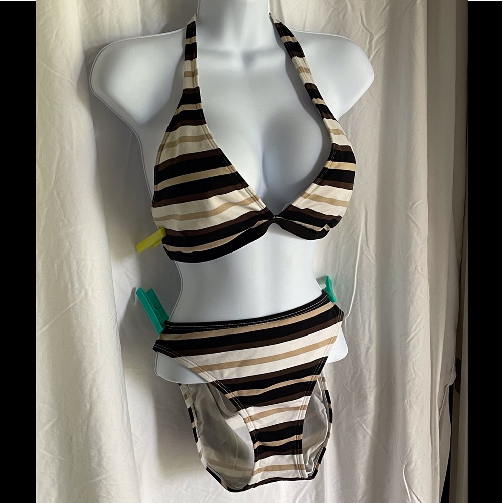 3 piece JAG swimsuit/skirt bl/br/tan stripes Only wore once !! rare